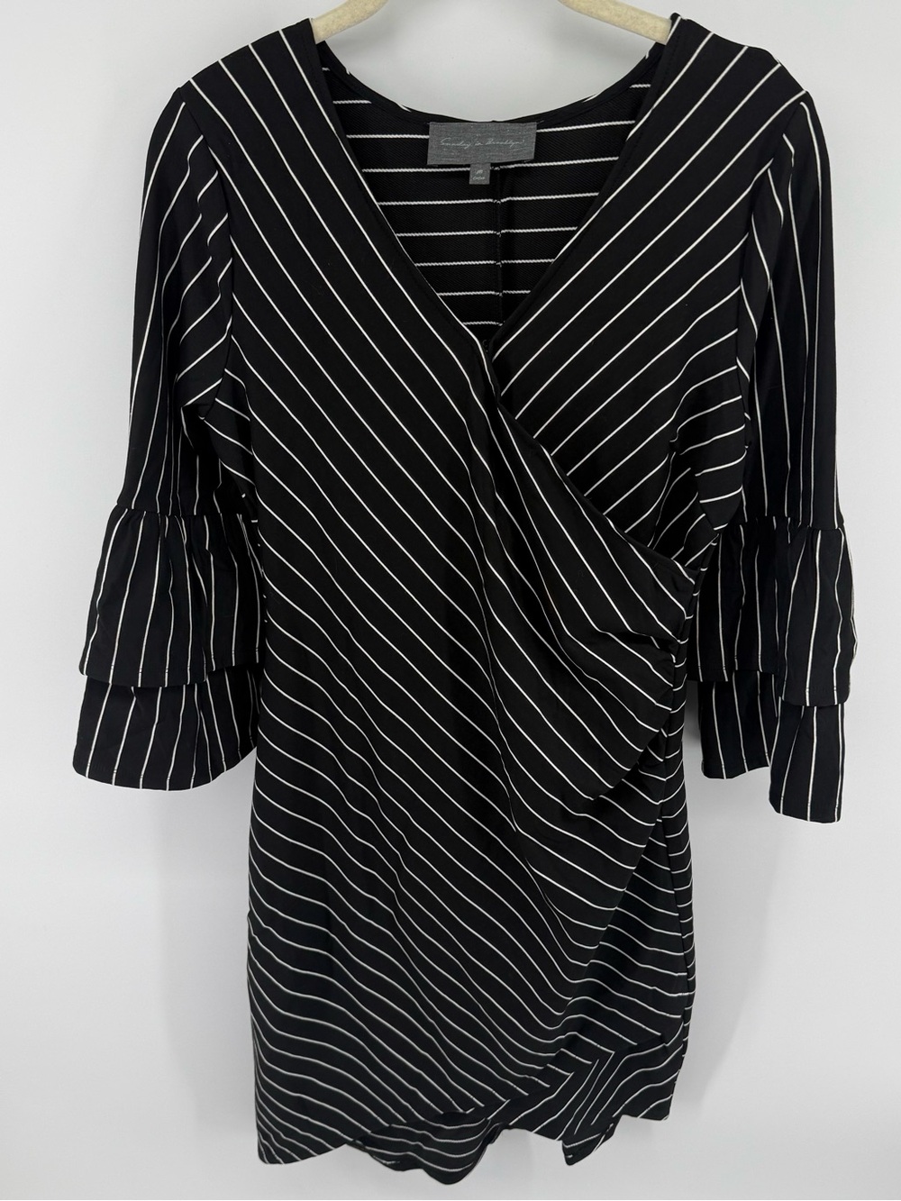 Sunday in Brooklyn Striped Faux Wrap Dress Black‎ White Ruffle Bell Sleeve M